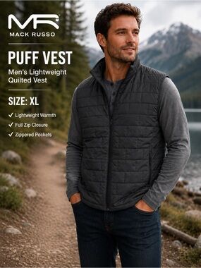 Mack Russo Charcoal Quilted Puff Vest XL NWT Lightweight Full Zip Outdoor